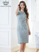 ERUKEI/C2799/エルケイ/ツイード/フリンジ/ノースリーブ/ベルト/タイト/膝丈/ミディアムドレス