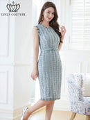 ERUKEI/C2799/エルケイ/ツイード/フリンジ/ノースリーブ/ベルト/タイト/膝丈/ミディアムドレス