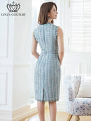 ERUKEI/C2799/エルケイ/ツイード/フリンジ/ノースリーブ/ベルト/タイト/膝丈/ミディアムドレス