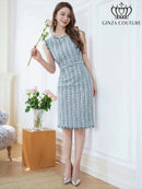 ERUKEI/C2799/エルケイ/ツイード/フリンジ/ノースリーブ/ベルト/タイト/膝丈/ミディアムドレス