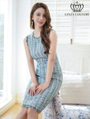 ERUKEI/C2799/エルケイ/ツイード/フリンジ/ノースリーブ/ベルト/タイト/膝丈/ミディアムドレス