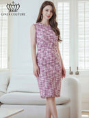 ERUKEI/C2799/エルケイ/ツイード/フリンジ/ノースリーブ/ベルト/タイト/膝丈/ミディアムドレス