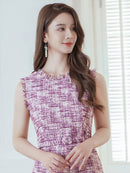 ERUKEI/C2799/エルケイ/ツイード/フリンジ/ノースリーブ/ベルト/タイト/膝丈/ミディアムドレス