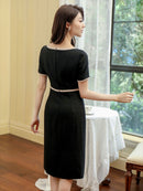 ERUKEI/C33022/タイトワンピース/バイカラー/パーティ/結婚式/二次会/ミディアムドレス