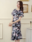 ERUKEI/C33105/エルケイ/ワンピース/パーティドレス/お食事会/マーメイドライン/花柄プリント/ミディアム丈