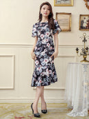 ERUKEI/C33105/エルケイ/ワンピース/パーティドレス/お食事会/マーメイドライン/花柄プリント/ミディアム丈