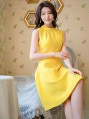 無地/ノースリーブ/プチハイネック/ハイウエスト/Aライン/膝丈/ミニドレス/ワンピース/C33206