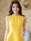 無地/ノースリーブ/プチハイネック/ハイウエスト/Aライン/膝丈/ミニドレス/ワンピース/C33206