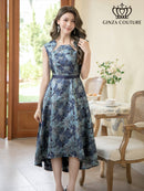 ERUKEI/C33483/エルケイ/ピンク/シルバー/ネイビー/レッド/ジャガード/アシメントリー/ノースリーブ/フラワープリント/Aライン/ミディアムドレス/ワンピース