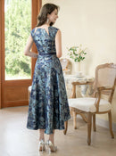 ERUKEI/C33483/エルケイ/ピンク/シルバー/ネイビー/レッド/ジャガード/アシメントリー/ノースリーブ/フラワープリント/Aライン/ミディアムドレス/ワンピース