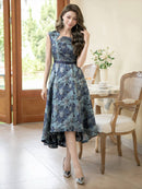 ERUKEI/C33483/エルケイ/ピンク/シルバー/ネイビー/レッド/ジャガード/アシメントリー/ノースリーブ/フラワープリント/Aライン/ミディアムドレス/ワンピース