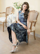 ERUKEI/C33483/エルケイ/ピンク/シルバー/ネイビー/レッド/ジャガード/アシメントリー/ノースリーブ/フラワープリント/Aライン/ミディアムドレス/ワンピース