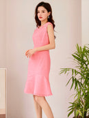 ERUKEI/エルケイ/E1193/ナイトドレス/ワンピース/ドレスパーティー/ノースリーブ/ツイード/お花ビジュー/ミディアム/結婚式/二次会/大きいサイズ/ワンカラー/KT