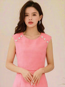 ERUKEI/エルケイ/E1193/ナイトドレス/ワンピース/ドレスパーティー/ノースリーブ/ツイード/お花ビジュー/ミディアム/結婚式/二次会/大きいサイズ/ワンカラー/KT