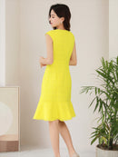 ERUKEI/エルケイ/E1193/ナイトドレス/ワンピース/ドレスパーティー/ノースリーブ/ツイード/お花ビジュー/ミディアム/結婚式/二次会/大きいサイズ/ワンカラー/KT