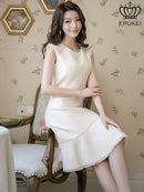 ERUKEI/エルケイ/E1193/ナイトドレス/ワンピース/ドレスパーティー/ノースリーブ/ツイード/お花ビジュー/ミディアム/結婚式/二次会/大きいサイズ/ワンカラー/KT