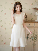 ERUKEI/エルケイ/E1193/ナイトドレス/ワンピース/ドレスパーティー/ノースリーブ/ツイード/お花ビジュー/ミディアム/結婚式/二次会/大きいサイズ/ワンカラー/KT