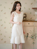 ERUKEI/エルケイ/E1193/ナイトドレス/ワンピース/ドレスパーティー/ノースリーブ/ツイード/お花ビジュー/ミディアム/結婚式/二次会/大きいサイズ/ワンカラー/KT