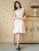 ERUKEI/エルケイ/E1193/ナイトドレス/ワンピース/ドレスパーティー/ノースリーブ/ツイード/お花ビジュー/ミディアム/結婚式/二次会/大きいサイズ/ワンカラー/KT