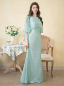 ERUKEI/E22030/ロングドレス/総レース/袖あり/ケープ付き/エレガント/イブニンングドレス/Aライン/演奏会/パーティー