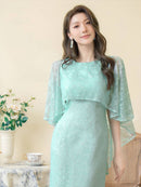 ERUKEI/E22030/ロングドレス/総レース/袖あり/ケープ付き/エレガント/イブニンングドレス/Aライン/演奏会/パーティー