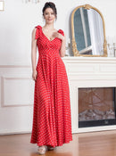 ERUKEI/E22048/エルケイ/ドレス/ロングドレス/イブニングドレス/ノースリーブ/Aライン/Vネック/ハイウエスト/ドット/プリント/レッド/ホワイト/演奏会/パーティー