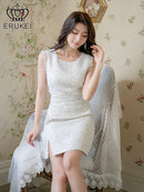 ERUKEI/ホワイト/ブラック/ピンク/スパンコールMIX/ツイード/ノースリーブ/タイト/スリット/ミニドレス/ワンピース/E22066