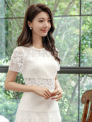 ERUKEI/ホワイト/ワインレッド/刺繍/Aライン/ひざ下/ミディアムドレス/ワンピース/E2590