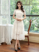 ERUKEI/ホワイト/ワインレッド/刺繍/Aライン/ひざ下/ミディアムドレス/ワンピース/E2590