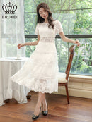 ERUKEI/ホワイト/ワインレッド/刺繍/Aライン/ひざ下/ミディアムドレス/ワンピース/E2590