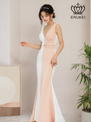 ERUKEI/ホワイト×ブラック/ホワイト×ベージュ/バイカラー/ノースリーブ/Vネック/ロングドレス/大きいサイズあり/E32105