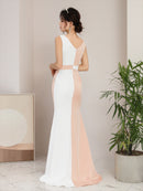 ERUKEI/ホワイト×ブラック/ホワイト×ベージュ/バイカラー/ノースリーブ/Vネック/ロングドレス/大きいサイズあり/E32105