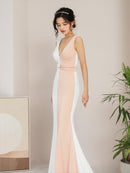 ERUKEI/ホワイト×ブラック/ホワイト×ベージュ/バイカラー/ノースリーブ/Vネック/ロングドレス/大きいサイズあり/E32105