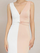 ERUKEI/ホワイト×ブラック/ホワイト×ベージュ/バイカラー/ノースリーブ/Vネック/ロングドレス/大きいサイズあり/E32105