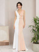 ERUKEI/ホワイト×ブラック/ホワイト×ベージュ/バイカラー/ノースリーブ/Vネック/ロングドレス/大きいサイズあり/E32105