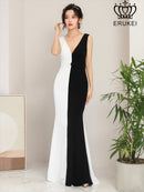 ERUKEI/ホワイト×ブラック/ホワイト×ベージュ/バイカラー/ノースリーブ/Vネック/ロングドレス/大きいサイズあり/E32105