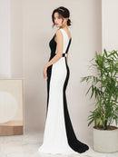 ERUKEI/ホワイト×ブラック/ホワイト×ベージュ/バイカラー/ノースリーブ/Vネック/ロングドレス/大きいサイズあり/E32105