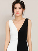 ERUKEI/ホワイト×ブラック/ホワイト×ベージュ/バイカラー/ノースリーブ/Vネック/ロングドレス/大きいサイズあり/E32105