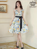 ERUKEI|E33077/ワンピース/パーティ/結婚式/二次会/ミニドレス/花柄プリント/ウエストリボン