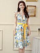 ERUKEI|E33077/ワンピース/パーティ/結婚式/二次会/ミニドレス/花柄プリント/ウエストリボン