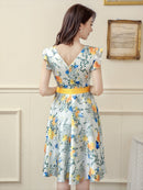 ERUKEI|E33077/ワンピース/パーティ/結婚式/二次会/ミニドレス/花柄プリント/ウエストリボン