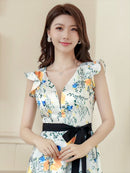 ERUKEI|E33077/ワンピース/パーティ/結婚式/二次会/ミニドレス/花柄プリント/ウエストリボン