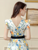 ERUKEI|E33077/ワンピース/パーティ/結婚式/二次会/ミニドレス/花柄プリント/ウエストリボン