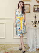 ERUKEI|E33077/ワンピース/パーティ/結婚式/二次会/ミニドレス/花柄プリント/ウエストリボン