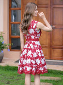 ERUKEI/E22070/ホワイト/レッド/花柄/プリント/レース/Vネック/ノースリーブ/Aライン/ミディアムドレス/ワンピース