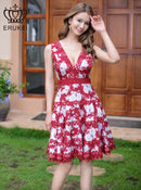 ERUKEI/E22070/ホワイト/レッド/花柄/プリント/レース/Vネック/ノースリーブ/Aライン/ミディアムドレス/ワンピース