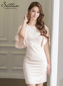 ERUKEI/S24033/エルケイ/ワンピース/タイト/胸元刺繍/フリルスリーブ/パール/ミニドレス