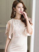 ERUKEI/S24033/エルケイ/ワンピース/タイト/胸元刺繍/フリルスリーブ/パール/ミニドレス