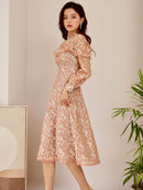 SETTAN/ブラウン/パープル/レース/長袖/Aライン/ミディアムドレス/ワンピース/大きいサイズあり/S2563