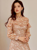 SETTAN/ブラウン/パープル/レース/長袖/Aライン/ミディアムドレス/ワンピース/大きいサイズあり/S2563